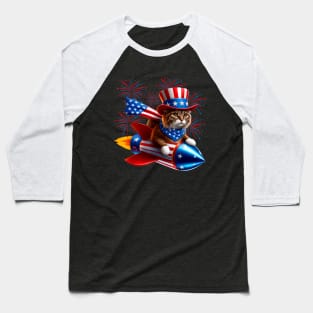 4th Of July Cat Rocket With Fireworks USA Patriotic Baseball T-Shirt